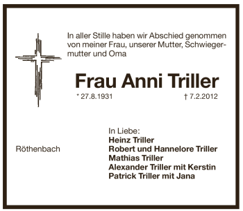 Traueranzeige von Anni Triller von Pegnitz-Zeitung
